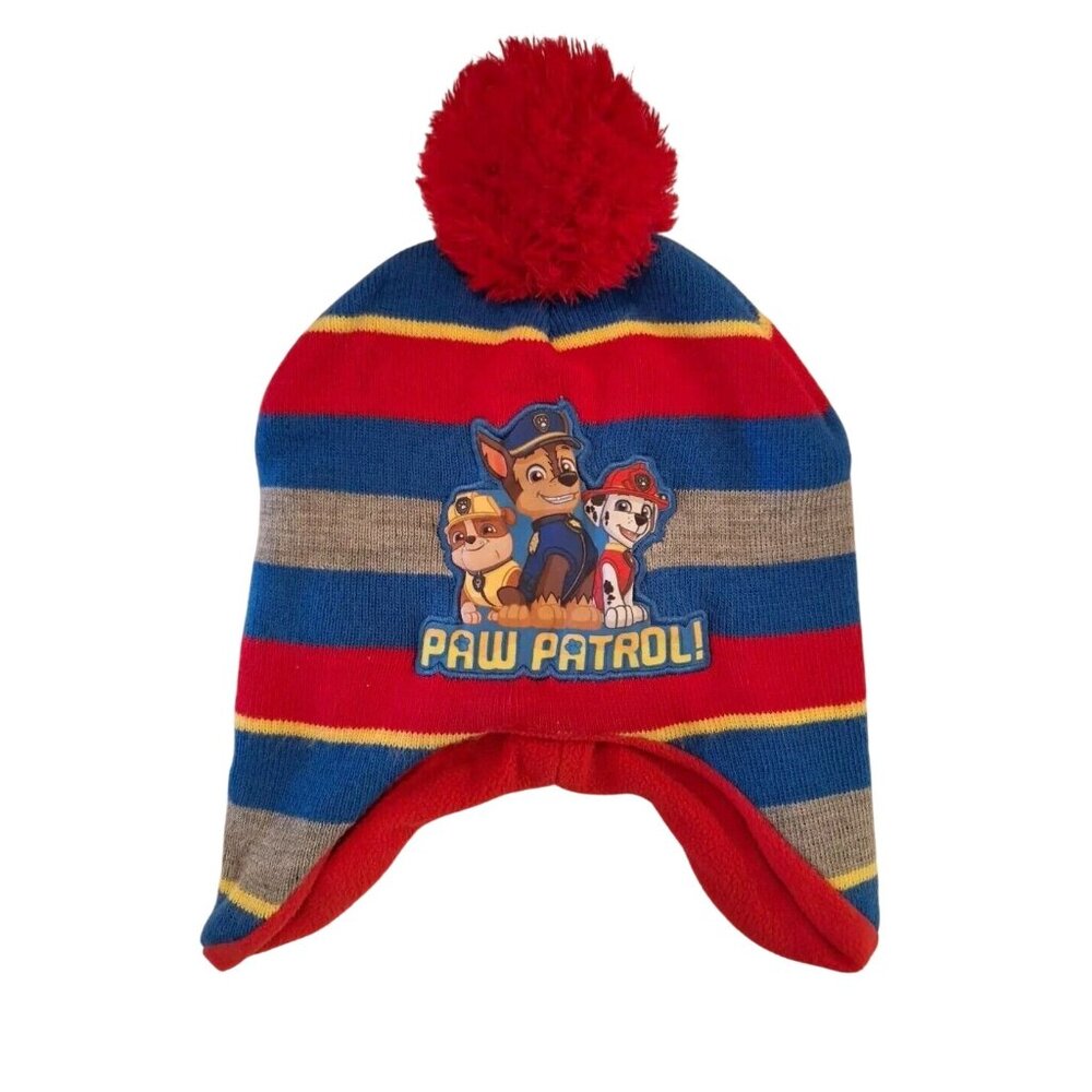 Paw Patrol Striped Beanie Hat Kids Toddler 2-5T Knit Fleece Lined Pom Pom